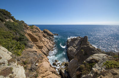 Scenic view of sea against clear blue sky