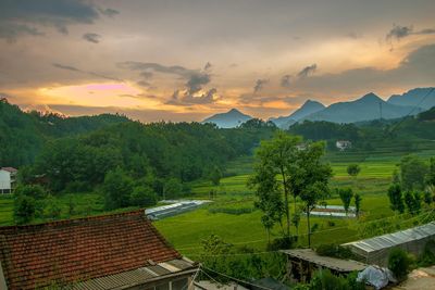 High angle view of landscape against sky during sunset
