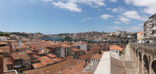 High angle shot of townscape against sky