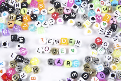 High angle view of colorful objects on table