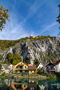 High rocks in the village essing in bavaria, germany at the altmuehl river on a sunny day in autumn