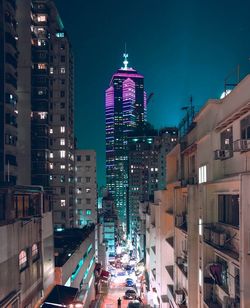 Illuminated buildings in city at night