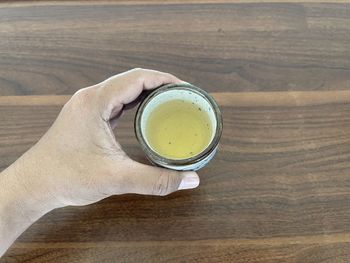 High angle view of coffee cup on table