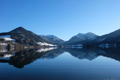 Scenic view of lake and mountains against clear blue sky