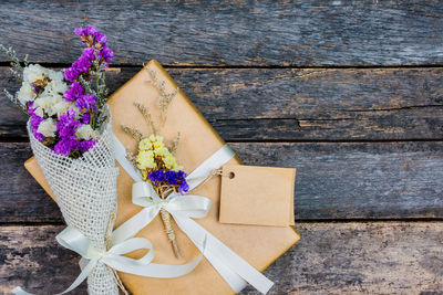 High angle view of purple flowering plant on table