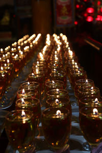 Close-up of illuminated candles on table