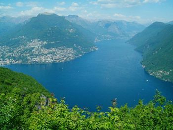 High angle view of sea and mountains