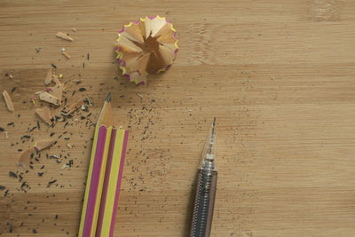 High angle view of pencils on table