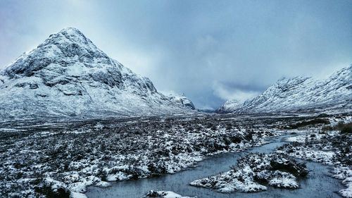 Scenic view of snow covered mountains against sky