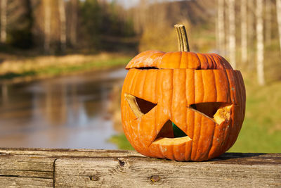 Halloween carved pumpkin with blurred landscape on the background.