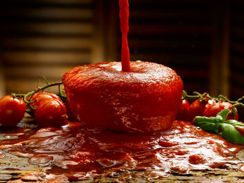 Close-up of fruits in plate on table