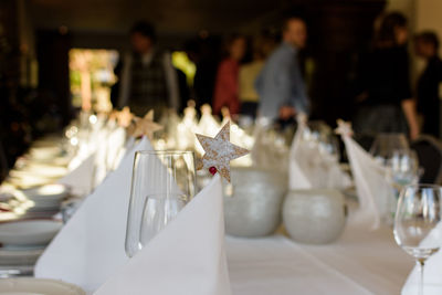 Close-up of white wine on table