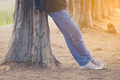 Low section of man standing on tree