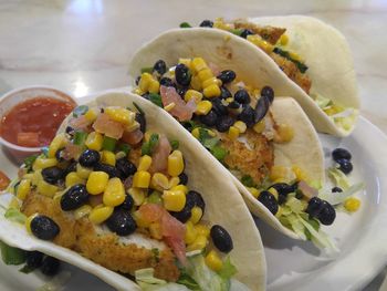 High angle view of tacos in plate