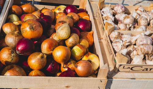 Close-up of onions for sale at market stall