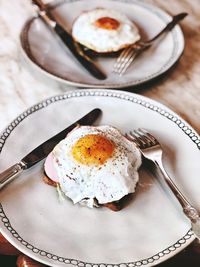 High angle view of breakfast served on table