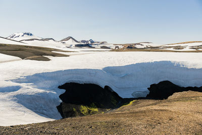 Patches of snow and glacier in iceland seen during trekking