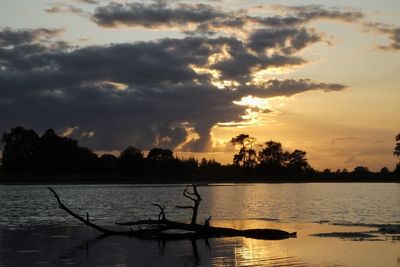 Silhouette trees by lake against sky during sunset