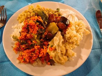 High angle view of food in plate on table