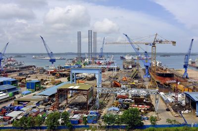 Panoramic view of harbor against sky