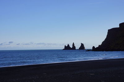 Scenic view of sea against clear blue sky