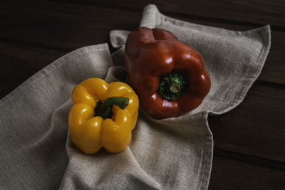 High angle view of bell peppers on table