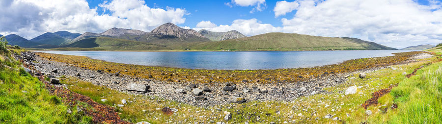 Panoramic view of lake and mountains against sky