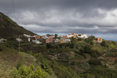 Houses in city against dramatic sky