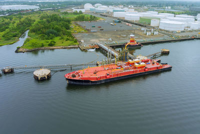 High angle view of ship moored at harbor