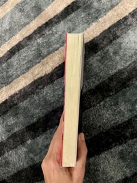 Woman hand holding book vertically, pages against colored carpet