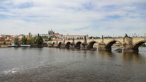 Bridge over river against sky in city