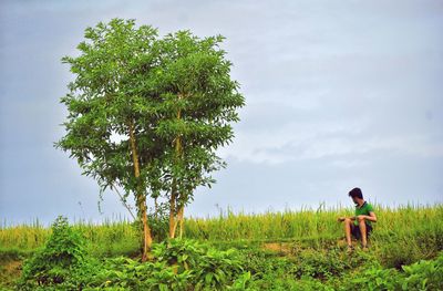 Man by tree on field against sky