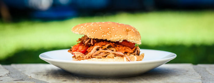 Close-up of burger in plate