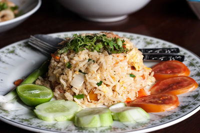 High angle view of food in plate on table