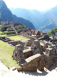 High angle view of ruins of mountain against sky