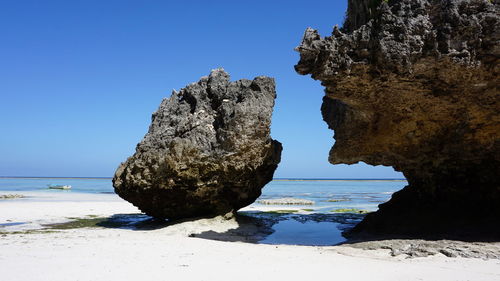 Rock formation on beach against clear blue sky