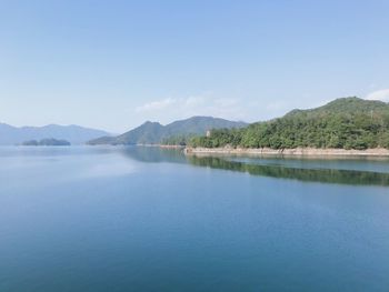 Scenic view of lake against blue sky