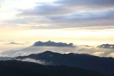 Scenic view of mountains against sky at sunset