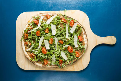 High angle view of pizza on table