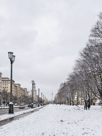 Snow covered street against sky