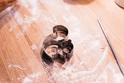 High angle view of figurines on table