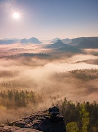 Colorful daybreak. misty awakening in a beautiful hills. peaks of hills are sticking out from fog