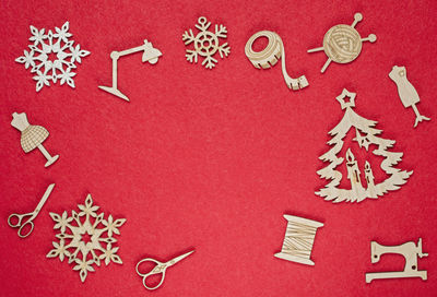 High angle view of christmas decorations on table