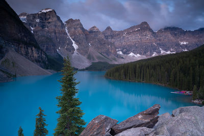 Scenic view of lake by mountains against sky