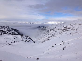 Scenic view of snow covered mountains against cloudy sky