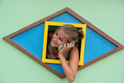 High angle view of smiling woman