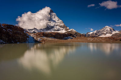 Scenic view of lake and snowcapped mountains against sky