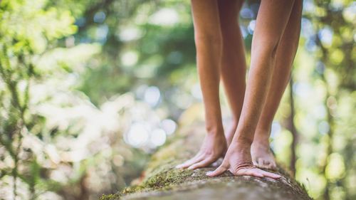 Cropped image of woman balancing on log in forest