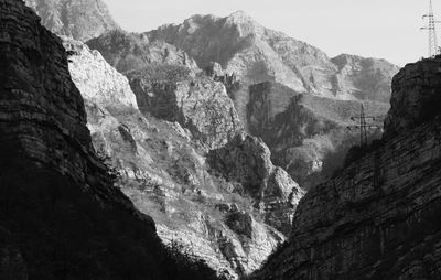 Low angle view of rocky mountains against sky