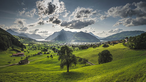 Panoramic view of landscape and mountains against sky